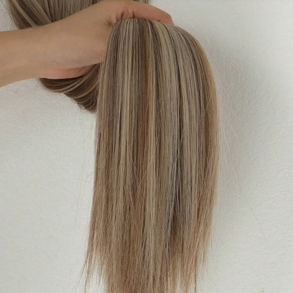 Human hair blend Light Brown With Light Blonde highlights Hair Extensions 24 in